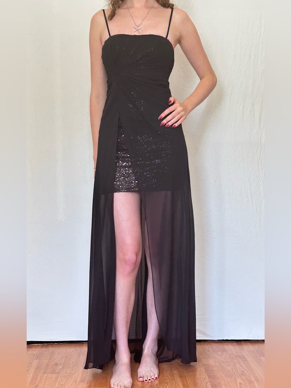 Calvin Klein Black Sequin High-Low Evening Dress